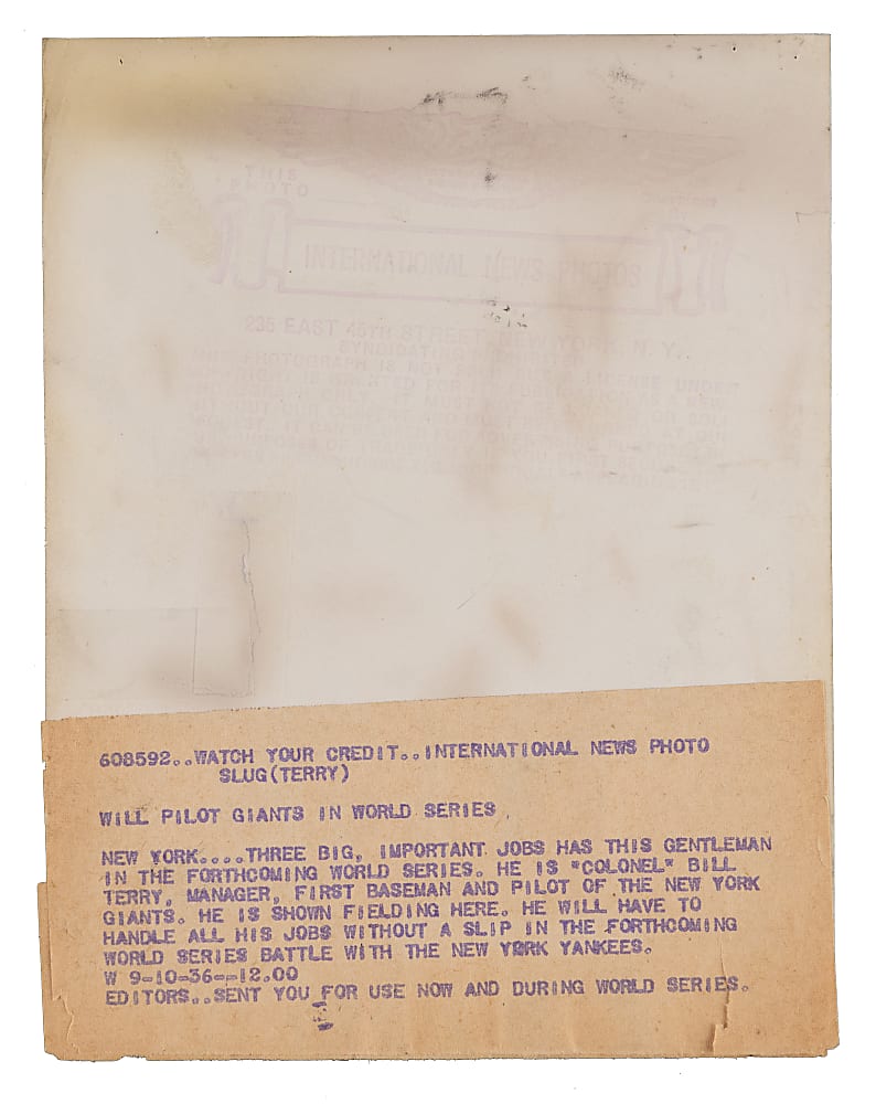 1936 Bill Terry Type II  News Service Photo - PSA Full LOA