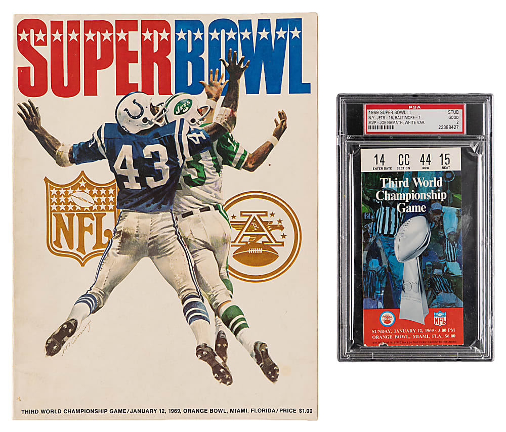 1969 Super Bowl III New York Jets vs. Baltimore Colts Game Program & PSA GOOD 2 Ticket Stub