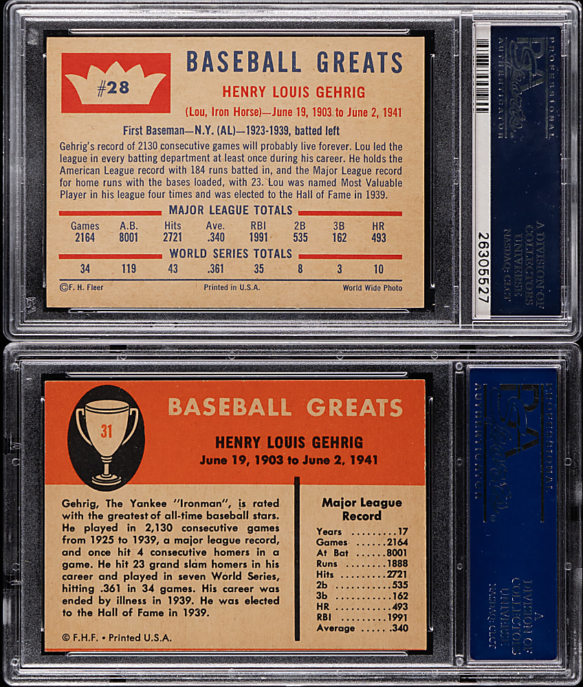 1960 & 1961 Fleer Greats Lou Gehrig PSA NM-MT 8 Graded Pair