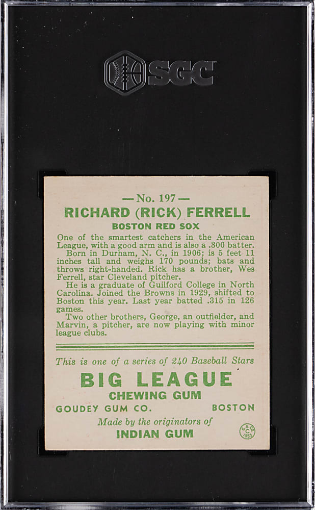 1933 Goudey #197 Rick Ferrell SGC EX 5