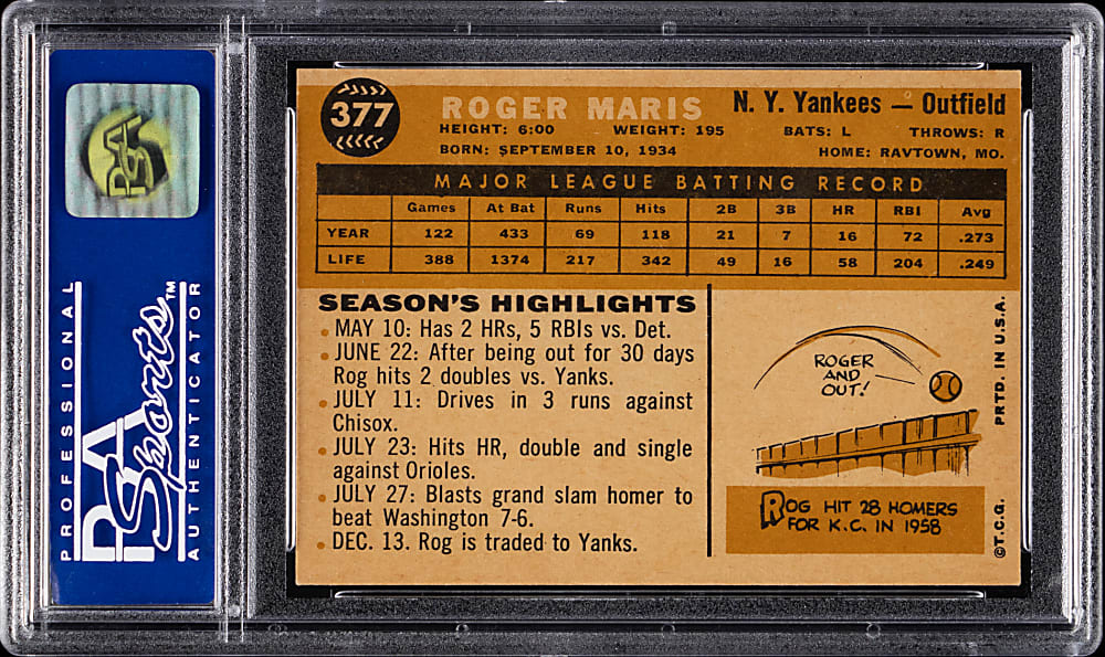 1960 Topps #377 Roger Maris PSA NM-MT 8