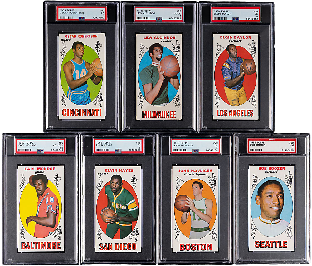 1969-1970 Topps Basketball Hall of Fame & Star PSA Graded Group (7) with PSA GOOD 2 Abdul-Jabbar Rookie