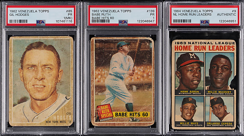 1962 & 1964 Topps Venezuelan Hall of Fame PSA Graded Trio with Aaron, Hodges & Ruth