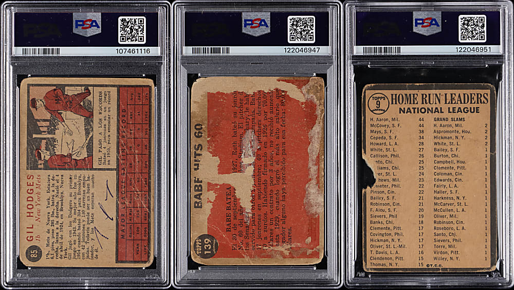 1962 & 1964 Topps Venezuelan Hall of Fame PSA Graded Trio with Aaron, Hodges & Ruth