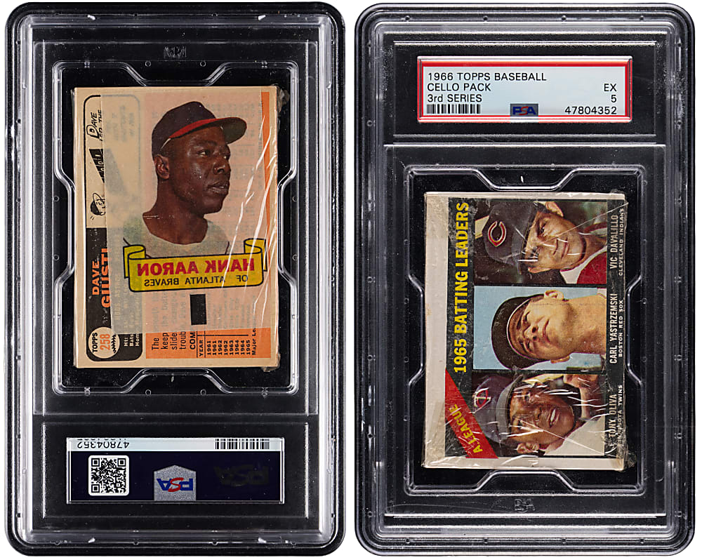 1966 Topps 3rd Series Unopened Cello Pack PSA EX 5 with Hank Aaron Rub-Offs Back!