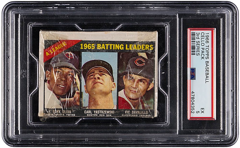 1966 Topps 3rd Series Unopened Cello Pack PSA EX 5 with Hank Aaron Rub-Offs Back!