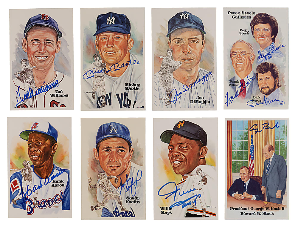 Perez-Steele Hall of Fame Postcards Series 1-15 Set with (51) Signed Including G.H.W. Bush, T. Williams, Joe DiMaggio & Mickey Mantle