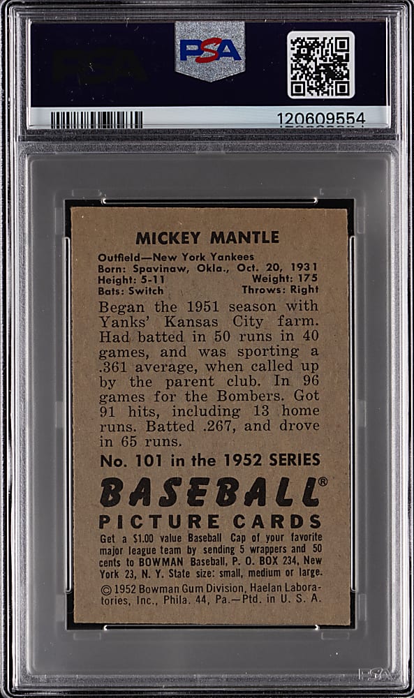 1952 Bowman #101 Mickey Mantle PSA VG 3