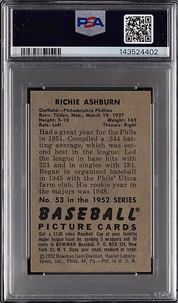 1952 Bowman #53 Richie Ashburn PSA NM-MT 8