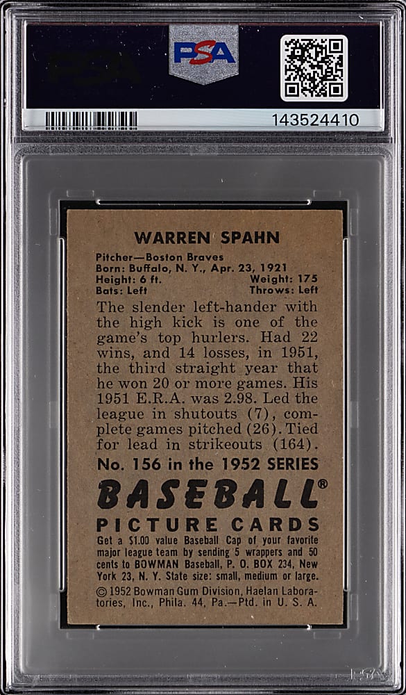 1952 Bowman #156 Warren Spahn PSA EX-MT 6