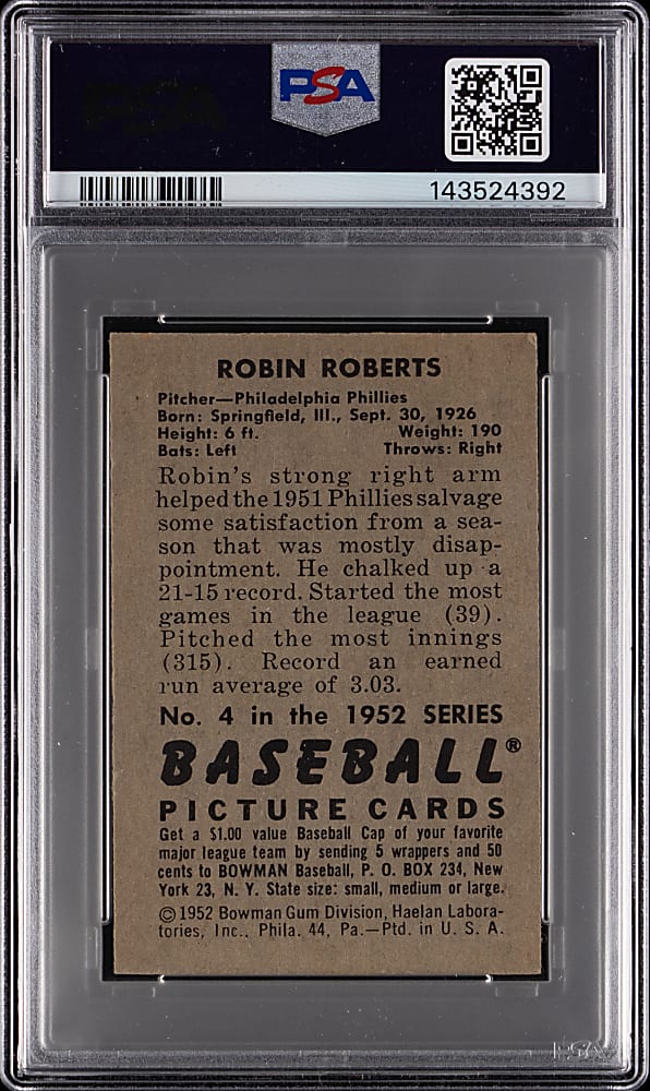 1952 Bowman #4 Robin Roberts PSA NM 7