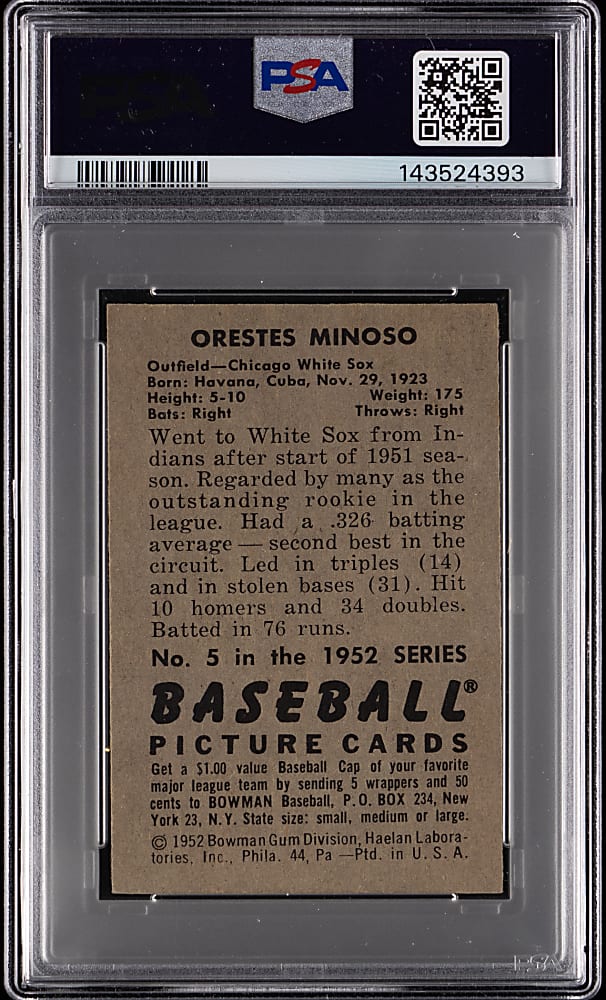1952 Bowman #5 Minnie Minoso Rookie PSA EX-MT 6