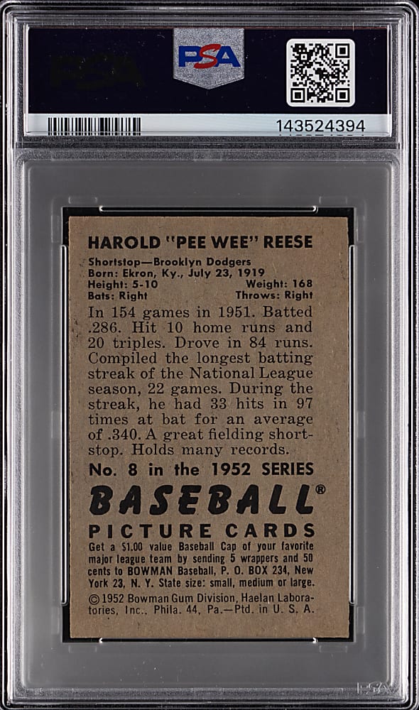 1952 Bowman #8 Pee Wee Reese PSA NM 7