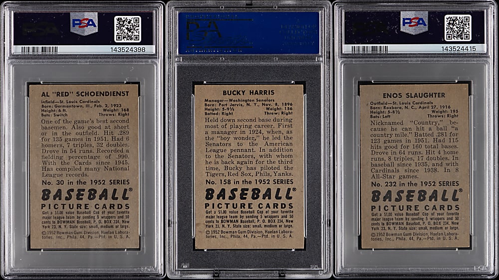 1952 Bowman Hall of Fame PSA EX+ 5.5 to EX-MT 6 Graded Trio