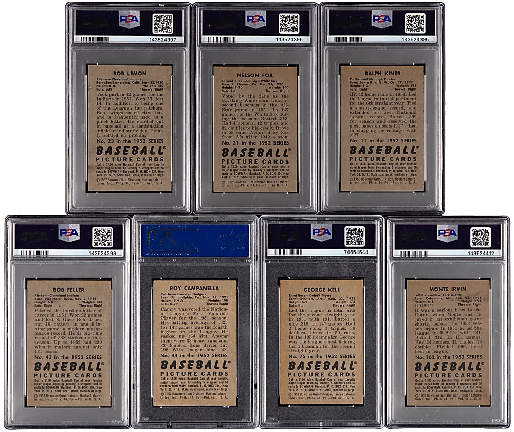 1952 Bowman Hall of Fame PSA EX 5 Graded Group (7) with Roy Campanella & Bob Feller