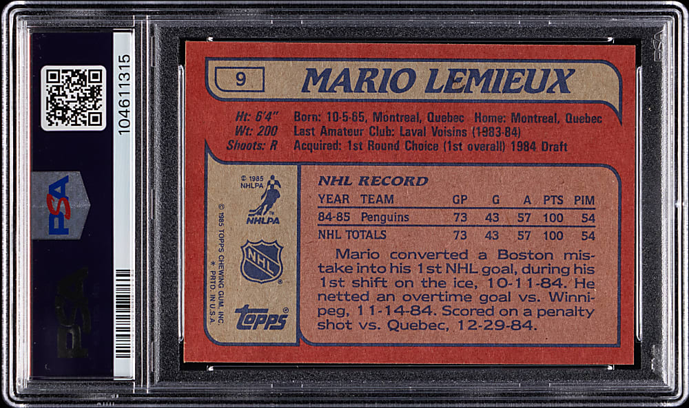 1985-1986 Topps Hockey #9 Mario Lemieux Rookie PSA NM-MT 8