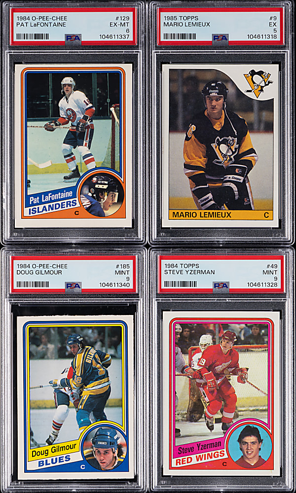 1984-1986 Topps & O-Pee-Chee Hockey Hall of Fame Rookie PSA Graded Quartet with Mario Lemieux & Steve Yzerman