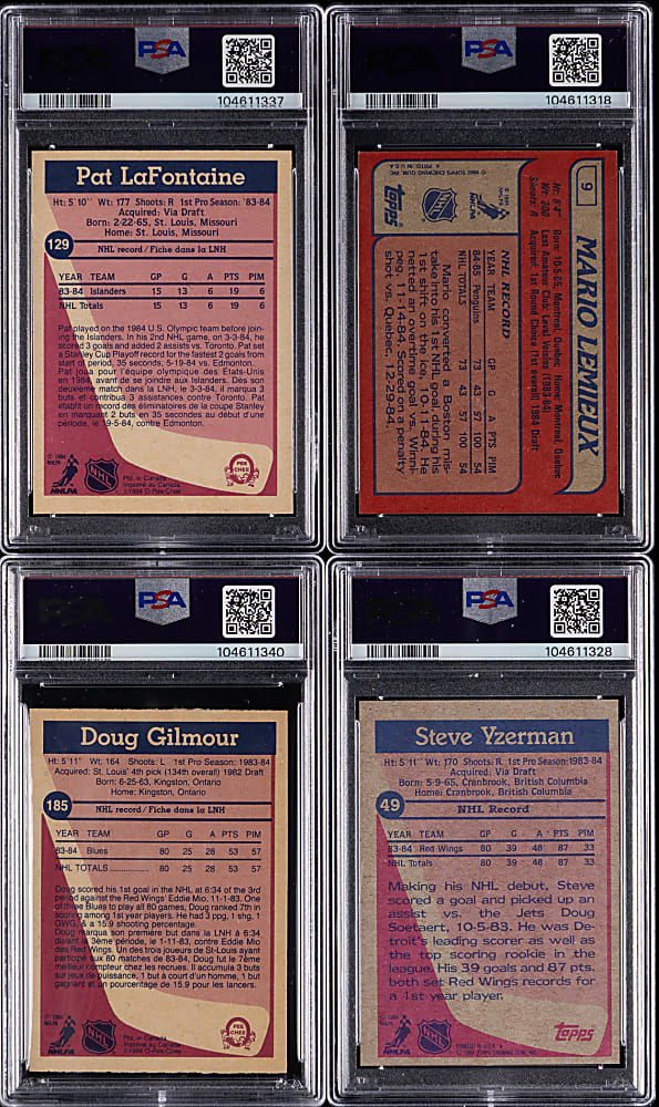 1984-1986 Topps & O-Pee-Chee Hockey Hall of Fame Rookie PSA Graded Quartet with Mario Lemieux & Steve Yzerman