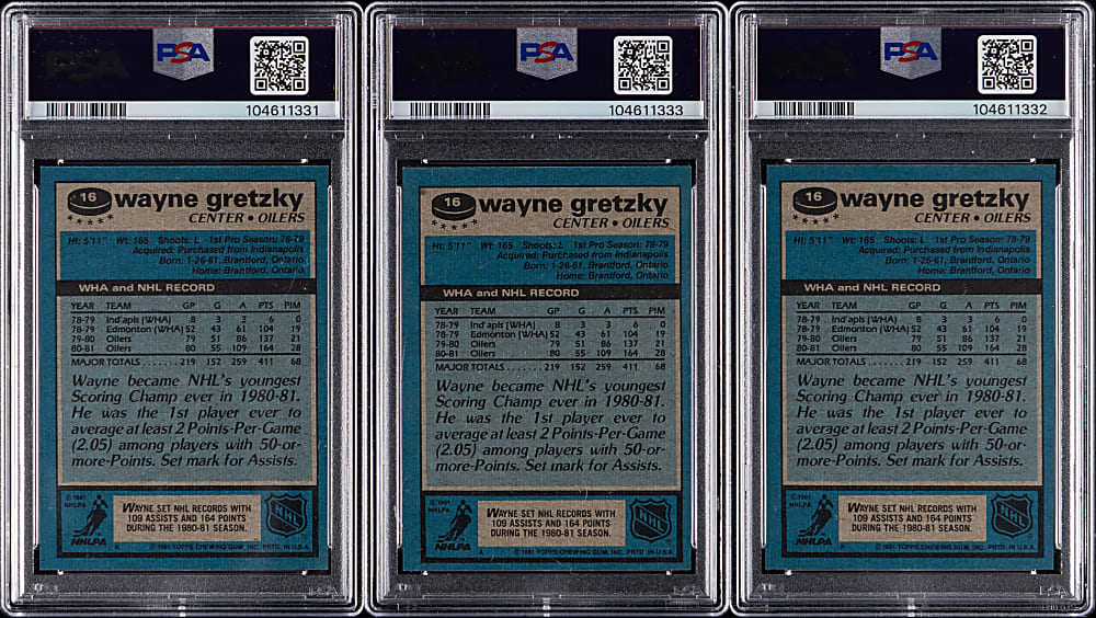 1981-1982 Topps Hockey #16 Wayne Gretzky PSA MINT 9 Trio