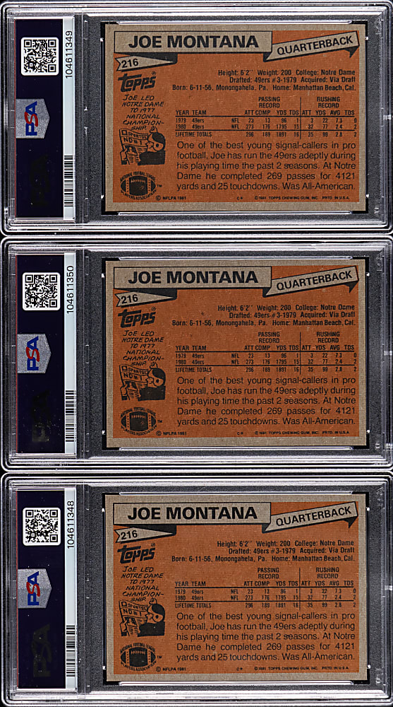 1981 Topps Football #216 Joe Montana Rookie PSA EX-MT 6 Trio