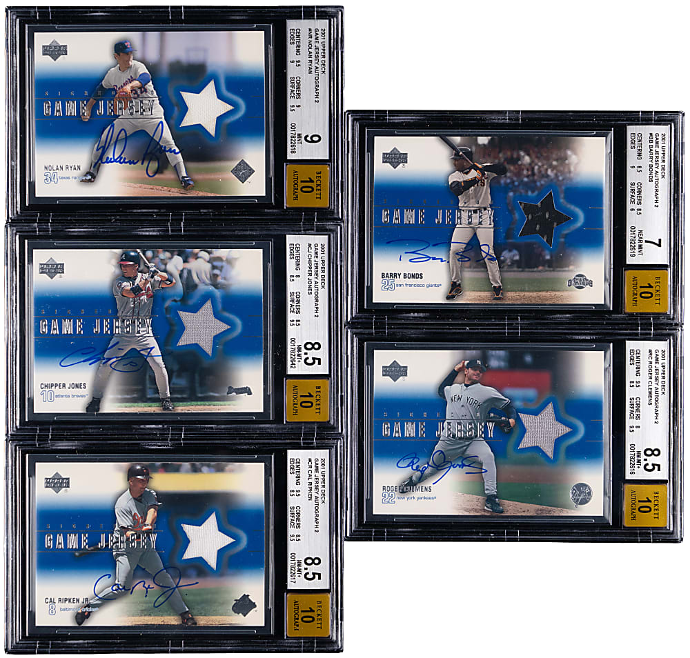 2001 Upper Deck Game Jersey Autograph BGS Graded Collection (5) with Bonds, Ripken Jr., & Ryan
