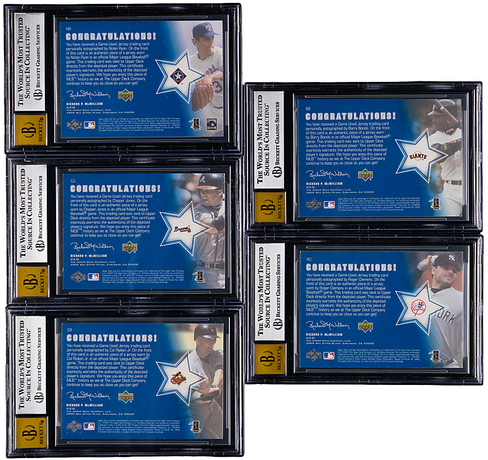 2001 Upper Deck Game Jersey Autograph BGS Graded Collection (5) with Bonds, Ripken Jr., & Ryan