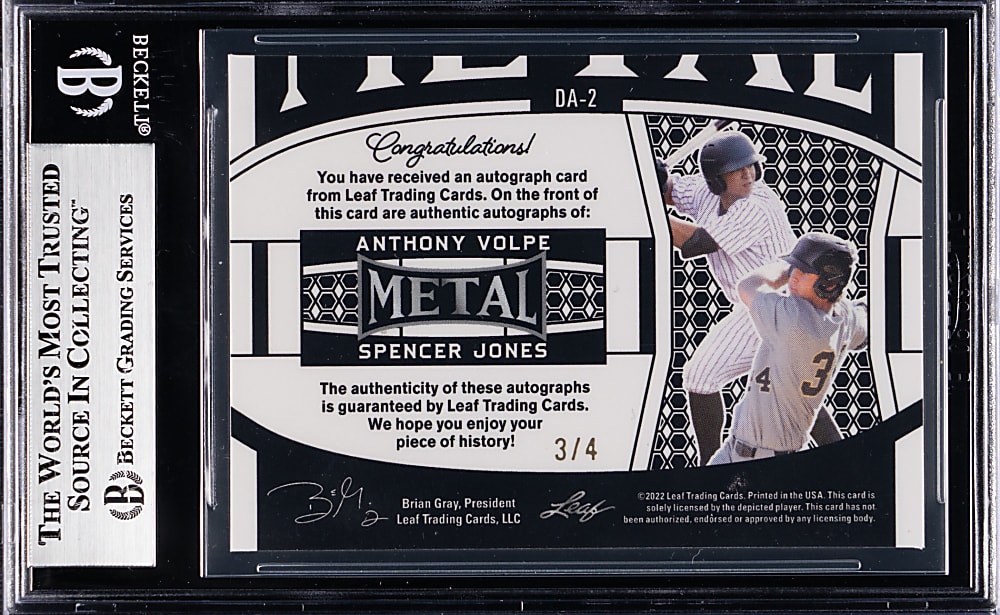 2022 Leaf Metal Dual Autographs Anthony Volpe/Spencer Jones Mojo Purple #/4 BGS MINT 9
