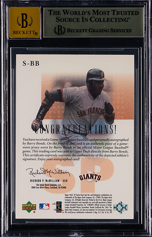 2001 SP Game Used Edition Barry Bonds Authentic Fabric Autos #/50 BGS GEM MINT 9.5/Auto 10