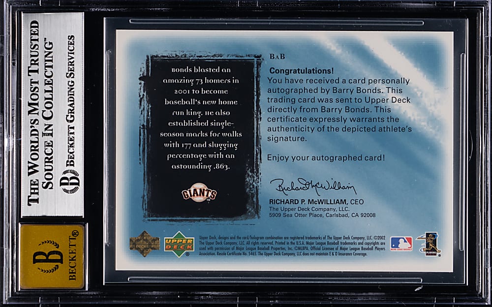 2001 Upper Deck Ultimate Collection Signatures Barry Bonds BGS NM-MT+ 8.5/Auto 10