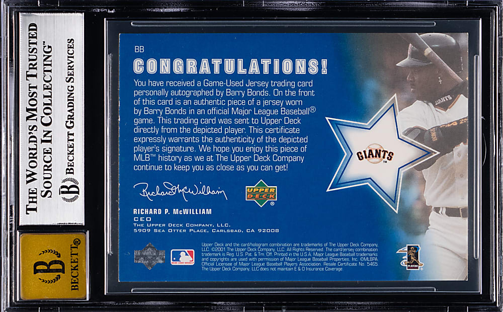 2001 Upper Deck Signed Game Jersey Barry Bonds BGS NM-MT+ 8.5/Auto 10