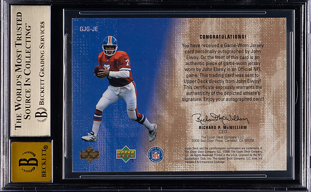 2000 Upper Deck Football Game Jersey Greats Autographs John Elway BGS GEM MINT 9.5/Auto 10