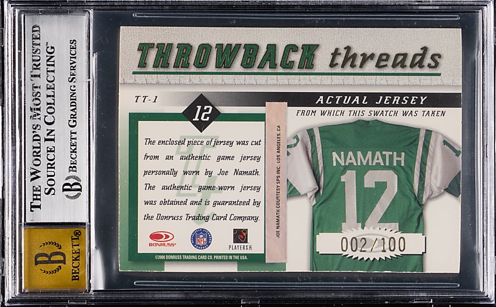 2000 Donruss Elite Throwback Threads Autograph #TT1 Joe Namath BGS 10 Autograph