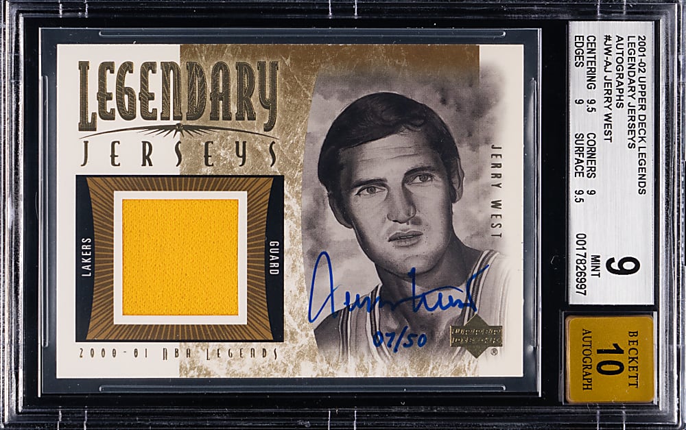 2001-2002 Upper Deck Legends Basketball Jersey Autographs Jerry West #/50 BGS MINT 9/Auto 10