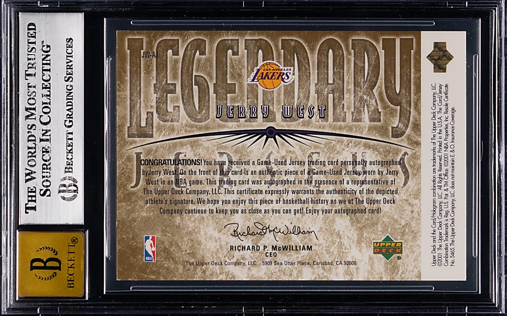 2001-2002 Upper Deck Legends Basketball Jersey Autographs Jerry West #/50 BGS MINT 9/Auto 10