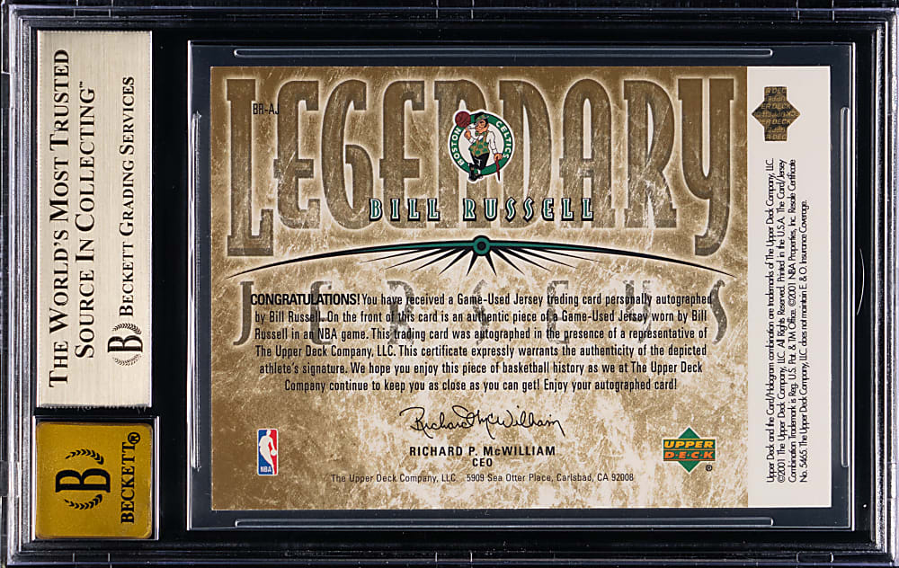 2001-2002 Upper Deck Legends Basketball Jersey Autographs Bill Russell #/50 BGS GEM MINT 9.5/Auto 10