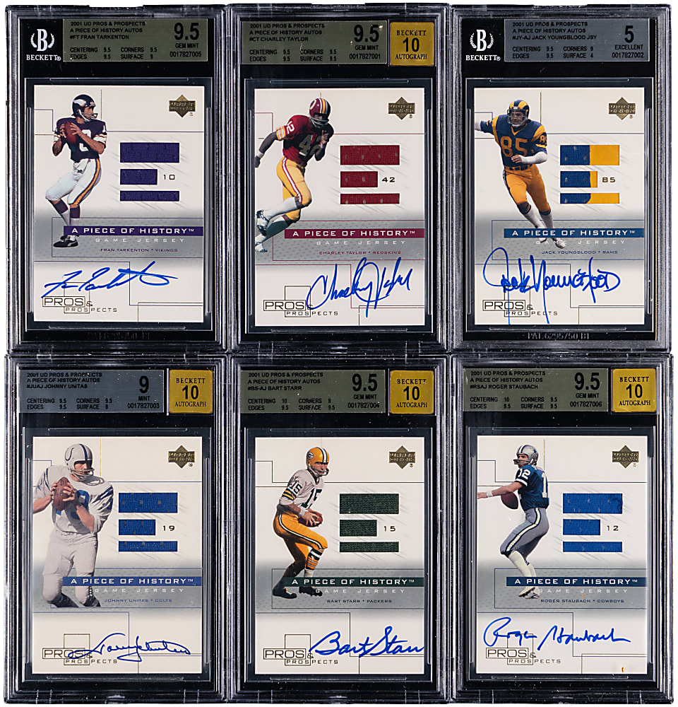 2001 Upper Deck Pros & Prospects Football A Piece of History Hall of Fame Autograph/Jersey BGS Graded Group (6) with Bart Starr & Johnny Unitas