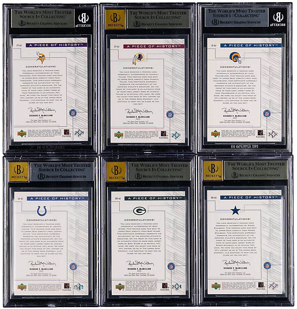 2001 Upper Deck Pros & Prospects Football A Piece of History Hall of Fame Autograph/Jersey BGS Graded Group (6) with Bart Starr & Johnny Unitas