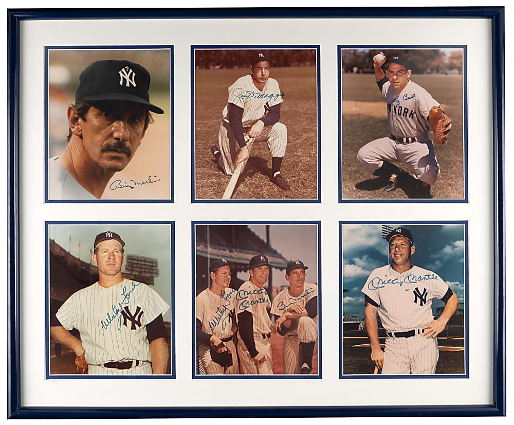 New York Yankees Legends Signed Photographs (6) in Framed Display with Mantle, DiMaggio & Martin