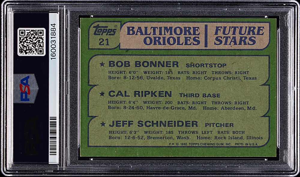 Triple-Signed 1982 Topps #21 Cal Ripken Jr. Rookie PSA EX-MT 6/Auto 10