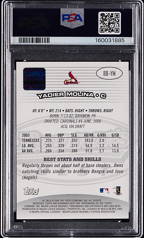 2004 Bowman's Best Yadier Molina Autograph Rookie PSA MINT 9/Auto 10
