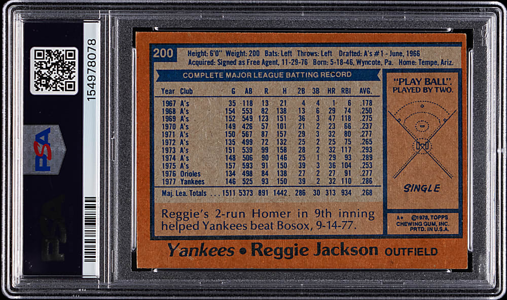 Signed 1978 Topps #200 Reggie Jackson PSA NM+ 7.5/Auto 10