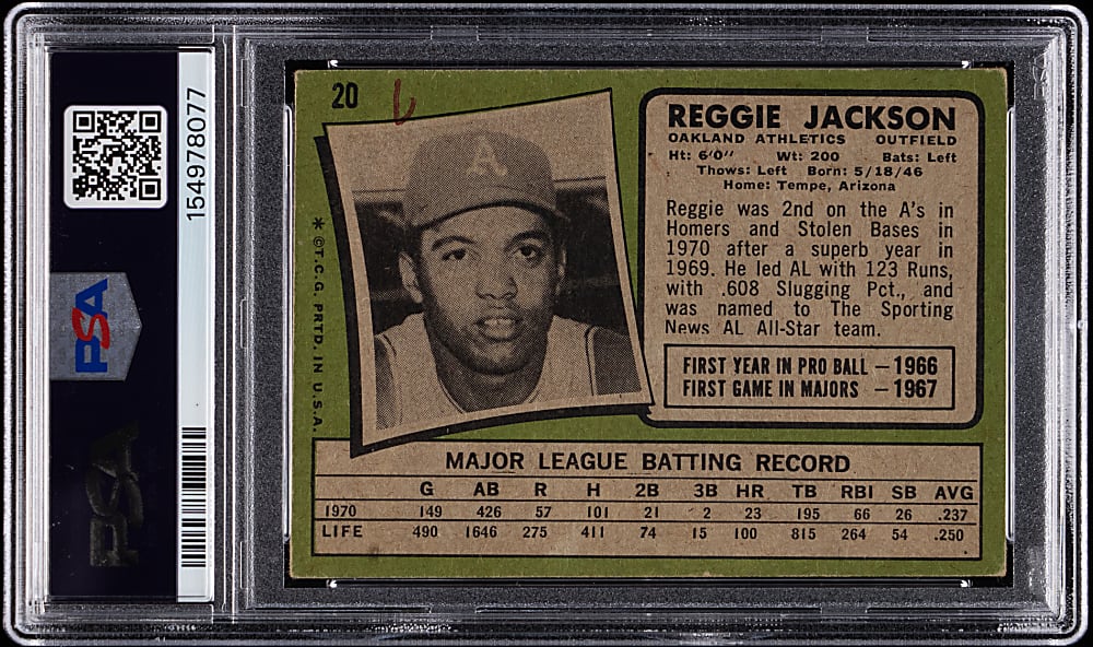 Signed 1971 Topps #20 Reggie Jackson PSA GOOD 2 (mk)/Auto 9 - Full Name Signature