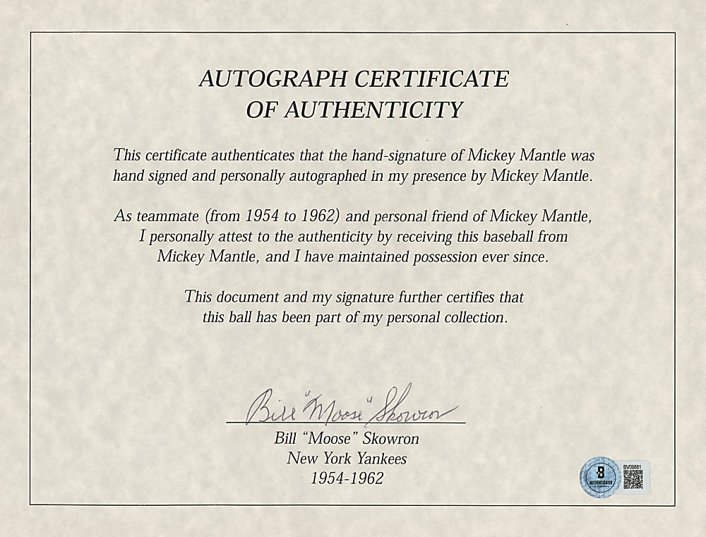 Mickey Mantle Single-Signed ONL/Feeney Baseball from Bill "Moose" Skowron Collection - Beckett Authentic/Skowron LOA