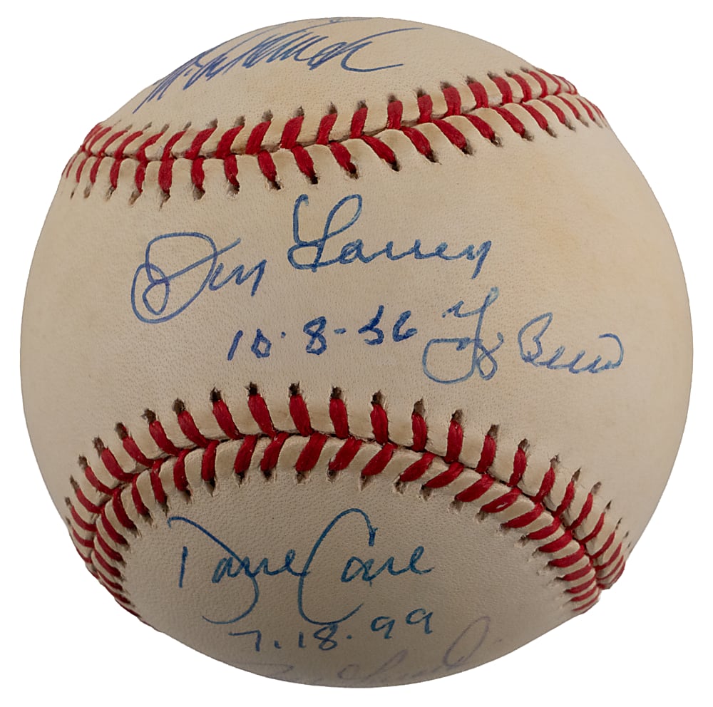 New York Yankees Perfect Game Pitcher and Catcher Multi-Signed Baseball with Pitcher Date Inscriptions - Including Larsen/Berra