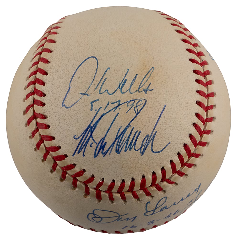 New York Yankees Perfect Game Pitcher and Catcher Multi-Signed Baseball with Pitcher Date Inscriptions - Including Larsen/Berra