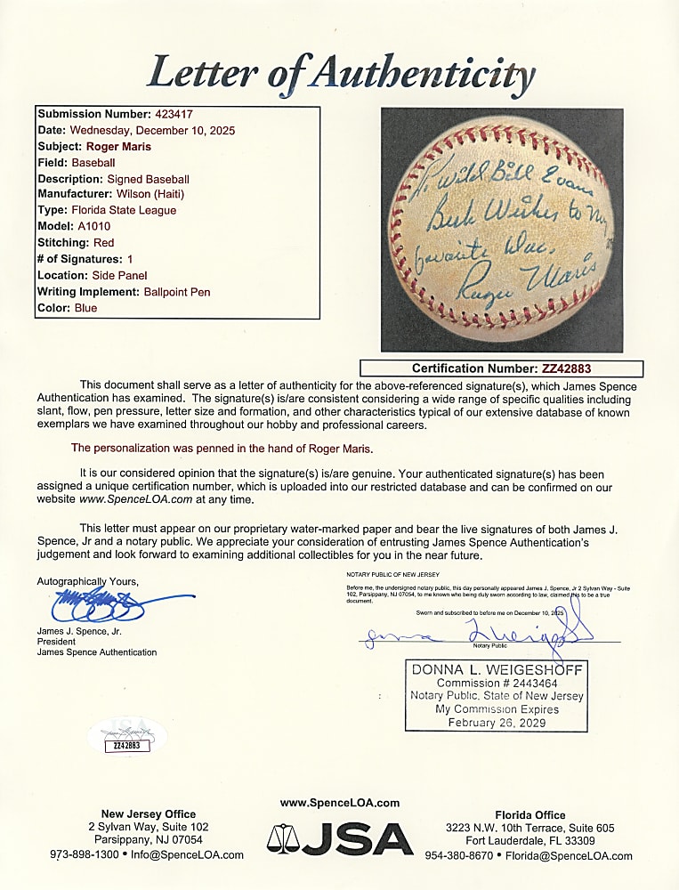 Roger Maris Single-Signed Baseball - Full JSA LOA