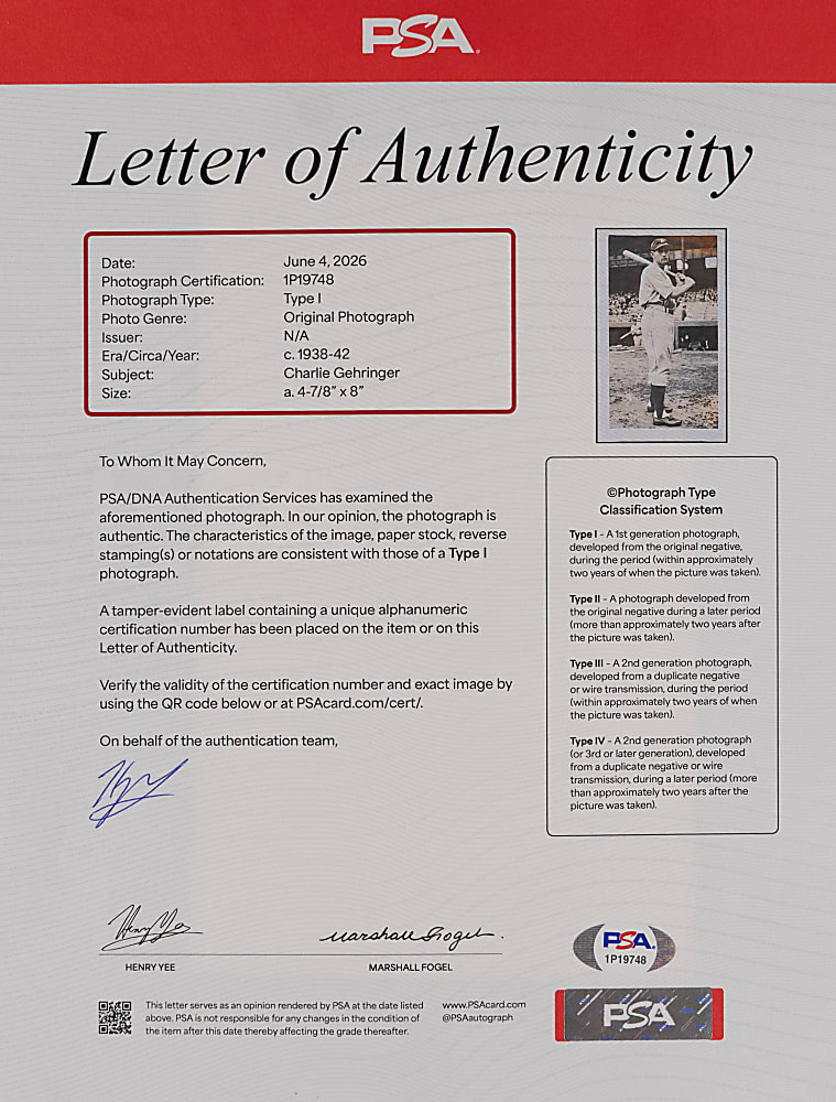 Circa 1938-1942 Charley Gehringer Type I Original Photo - PSA