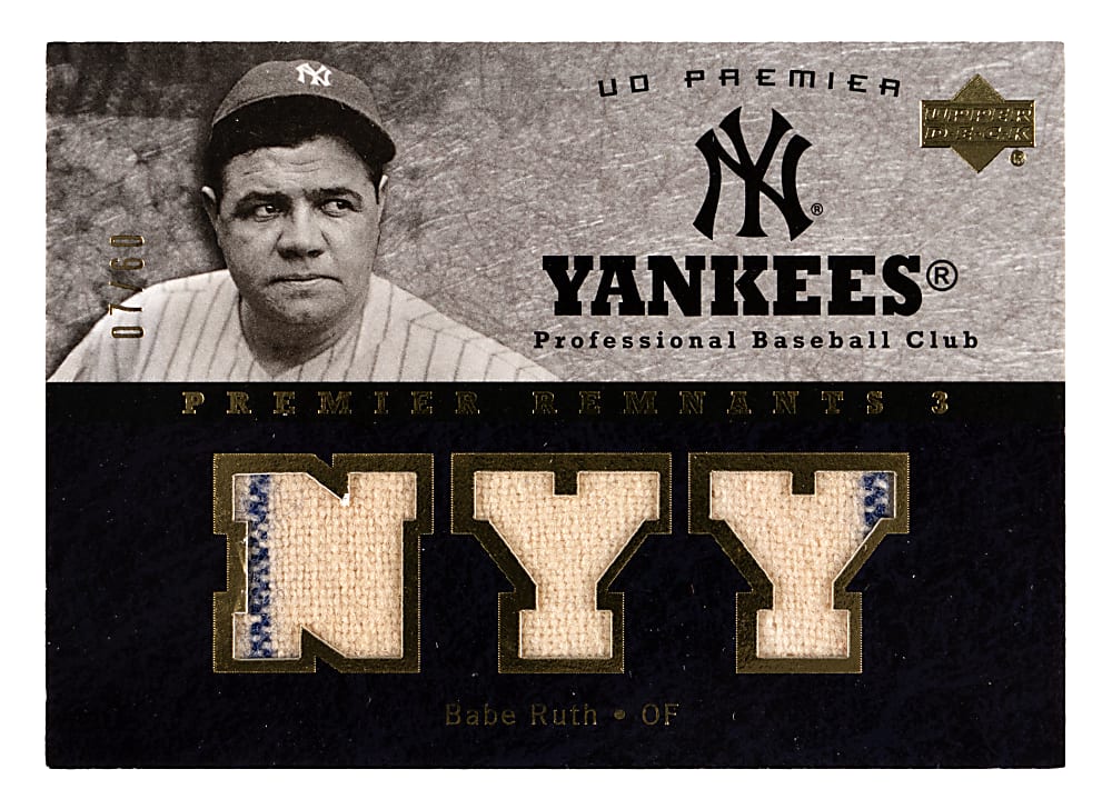 2007 Upper Deck Premier Babe Ruth Premier Remnants 3 Triple Relic Gold #07/60 with Visible Pinstripes