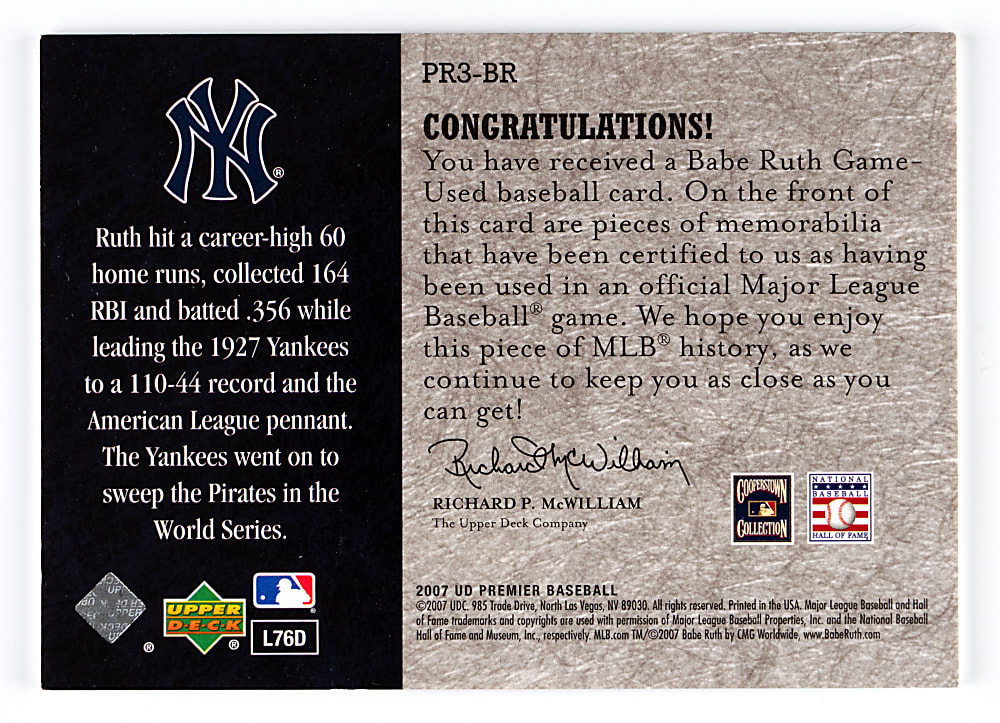 2007 Upper Deck Premier Babe Ruth Premier Remnants 3 Triple Relic Gold #07/60 with Visible Pinstripes