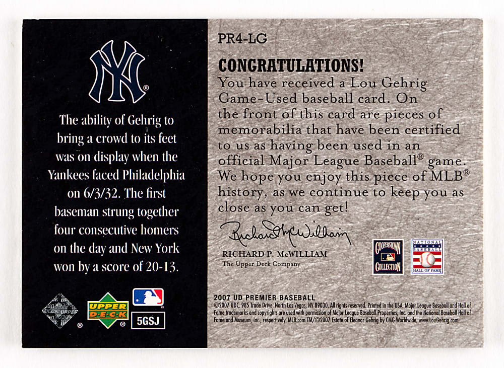 2007 Upper Deck Premier Lou Gehrig Premier Remnants 4 Quad Relic #7/25 with Multiple Pinstripes